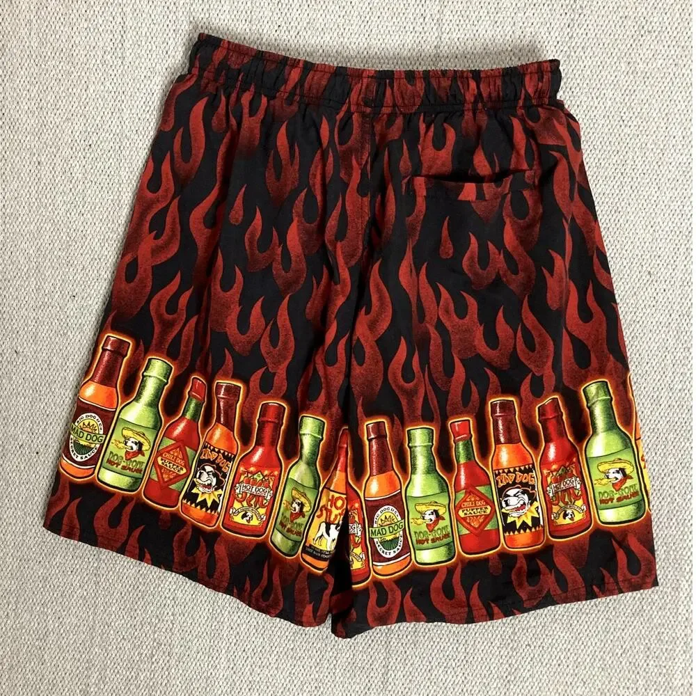 Vtg Big Dog‎ Board Shorts Men's Medium Red Hot Sauce Flames Beach Party